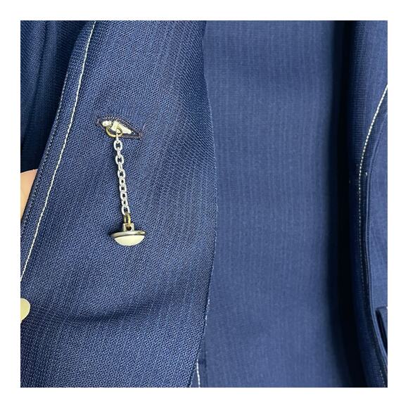 1970s Women’s Short-Sleeve Jacket Navy Pinstripe White Polka Dot Collar Size 10 - Picture 5 of 7